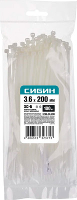 Стяжка для кабеля Сибин 200x3.6мм / 3786-36-200 (100шт, белый) -
