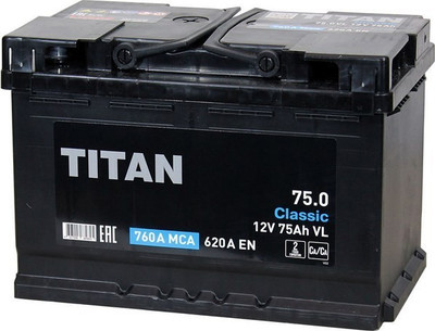 Автомобильный аккумулятор TITAN Classic 620A R+ (75 А/ч) - 