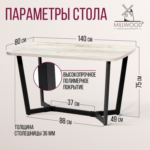 Обеденный стол Millwood Мюнхен 140х80 (дуб белый Craft/металл черный)