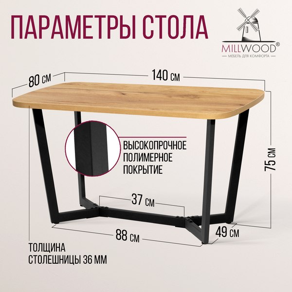Обеденный стол Millwood Мюнхен 140х80 (дуб золотой Craft/металл черный)