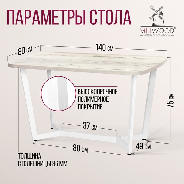 Обеденный стол Millwood Мюнхен 140х80 (дуб белый Craft/металл белый)