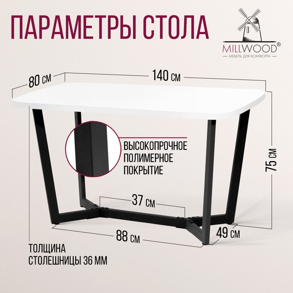 Обеденный стол Millwood Мюнхен 140х80 (белый/металл черный)