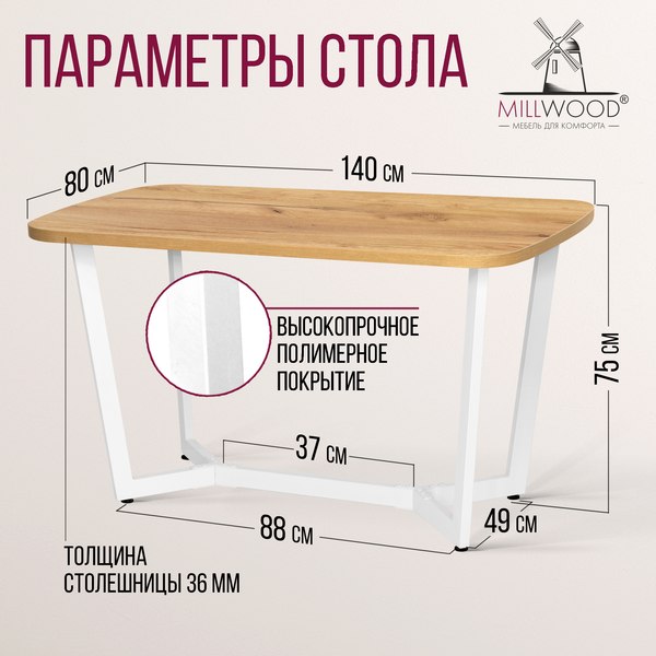 Обеденный стол Millwood Мюнхен 140х80 (дуб золотой Craft/металл белый)