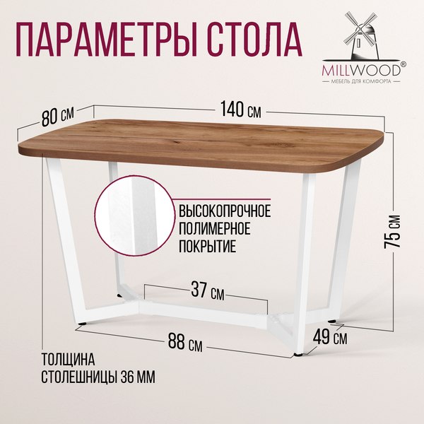 Обеденный стол Millwood Мюнхен 140х80 (дуб табачный Craft/металл белый)