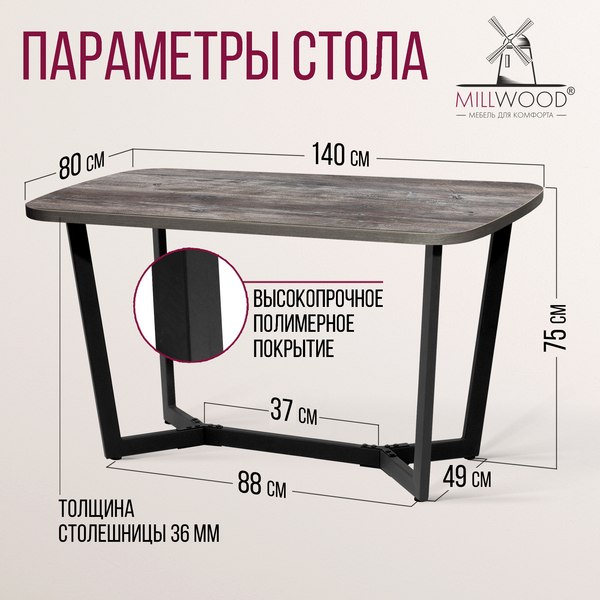 Обеденный стол Millwood Мюнхен 140х80 (сосна пасадена/металл черный)