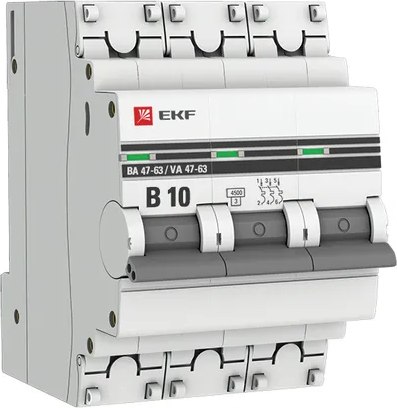 Выключатель автоматический EKF 3P 10А (В) 4.5kA ВА 47-63 / mcb4763-3-10B-pro