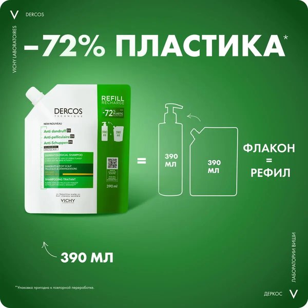 Шампунь для волос Vichy Dercos Против перхоти для сухих волос. Сменный блок (390мл)