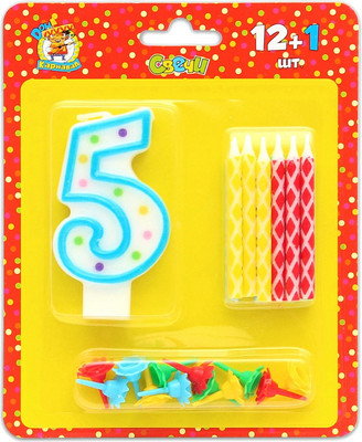 Набор свечей для торта Miland Цифра 5 / С-0427 (12шт+1шт) -