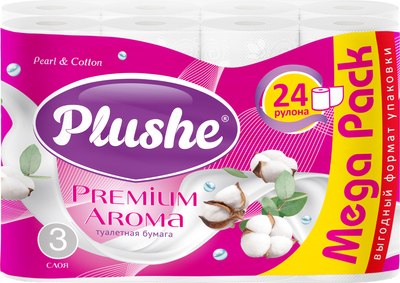 Туалетная бумага Plushe Premium Aroma Pearl & Cotton 3-х слойная (24рул) - 