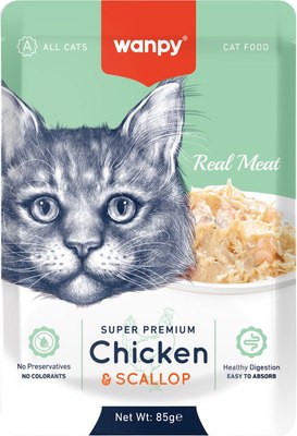 Влажный корм для кошек Wanpy Cat Кусочки курицы и гребешки (85г) - 