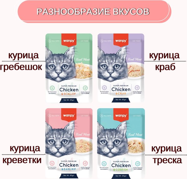 Влажный корм для кошек Wanpy Cat Кусочки курицы и креветки (85г)