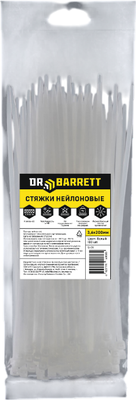 Стяжка для кабеля Dr. Barrett Нейлоновая 3.6х200мм (100шт, белый) - 