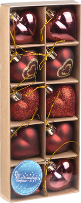 Набор елочных игрушек Волшебная страна Сердечки бордовые / 110446 (10шт) - 