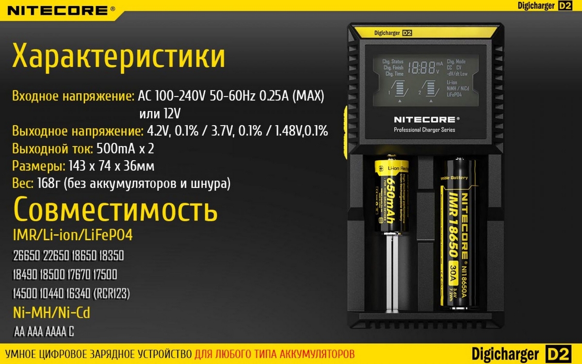 Зарядное устройство для аккумуляторов Nitecore D2 / 11479 — фото 4