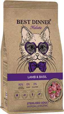 

Сухой корм для кошек, Holistic Hypoallergenic Adult Sterilised Cat Lamb&basil