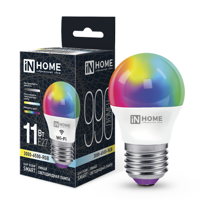 Лампа INhome LED-ШАР-RGBW-SMART 11Вт 230В Wi-Fi Е27 RGB-3000-6500К 990Лм (4690612050058) -