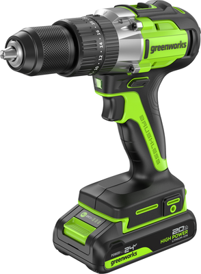 Аккумуляторная дрель-шуруповерт Greenworks GD24DD60 бесщеточная 24V / 3704107CUA (с АКБ 2Ач и ЗУ) - 