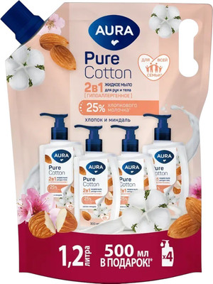 Мыло жидкое Aura Pure Cotton 2 в 1 для рук и тела Миндаль и хлопковое молочко (1.2л) - 