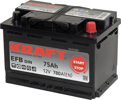 Автомобильный аккумулятор KrafT EFB R+ 780A / EFB-L3. (75 А/ч) - 