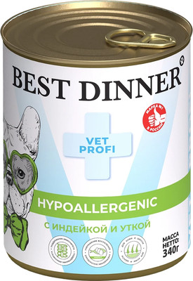 Влажный корм для собак Best Dinner Vet Profi Hypoallergenic С индейкой и уткой (340г) - 