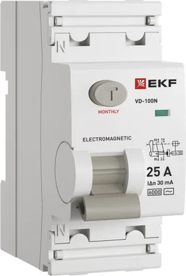 Дифференциальный автомат EKF PROxima ВД-100N 2P 25А 30мА тип AC эл-мех 6кА / E1026M2530 -