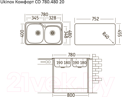 Мойка кухонная Ukinox Комфорт COP780.480 20GT8K 3R