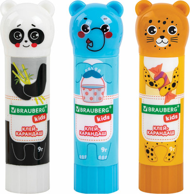 Клей-карандаш Brauberg Kids. Зверята: панда, слон, леопард / 272473 (3шт) - 