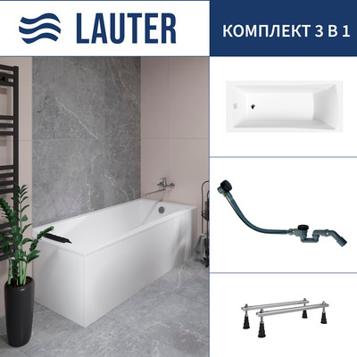 Ванна акриловая Lauter Aurora 170x70 / 21010070 (с ножками и сифоном 21Y32001 матовый черный) -