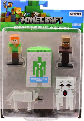 Набор фигурок коллекционных Minecraft Волк, сельский житель, Гаст, Алекс и Хранитель / MC2040B -