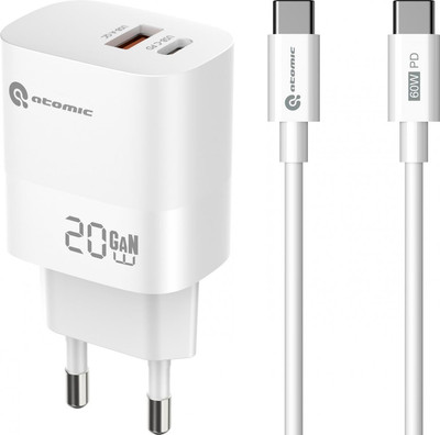 Зарядное устройство сетевое Atomic Motion G202 GAN 20W 2-порта USB (A+C) с USB (С-С) / 10.203 (1.5м, белый) -