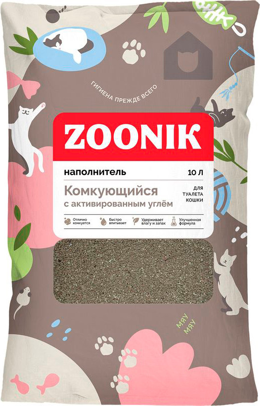 Наполнитель для туалета ZOONIK Комкующийся с углем / 06277 (10л)