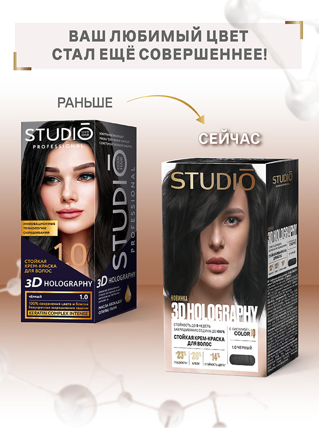 Крем-краска для волос Studio Professional 3D Holography 1.0 (50мл, черный) — фото 5