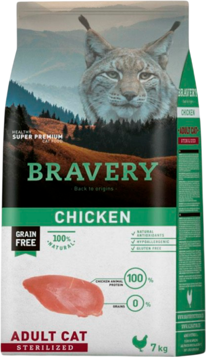 Сухой корм для кошек BRAVERY Монопротеиновый беззерновой для стерилизованных с курицей (7кг)