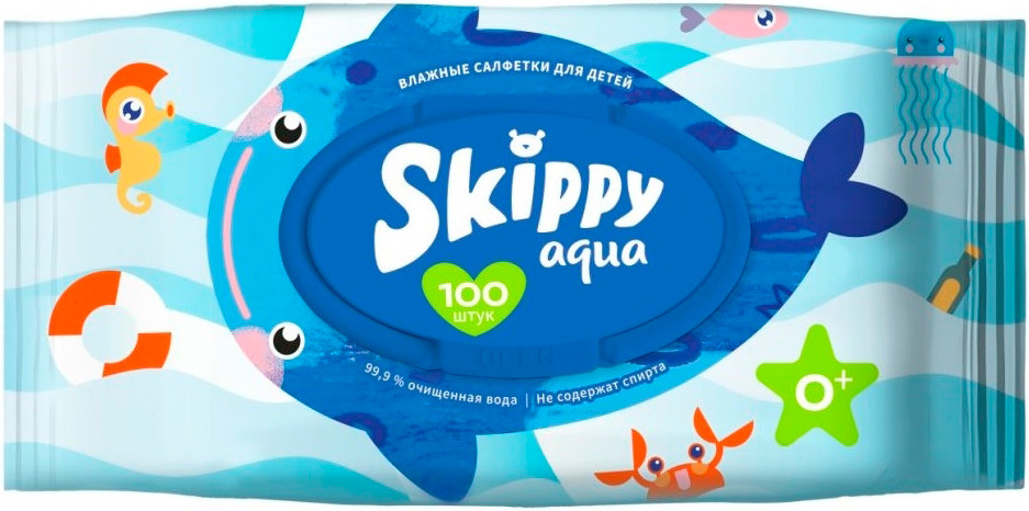 Влажные салфетки детские Skippy Aqua с клапаном (100шт)