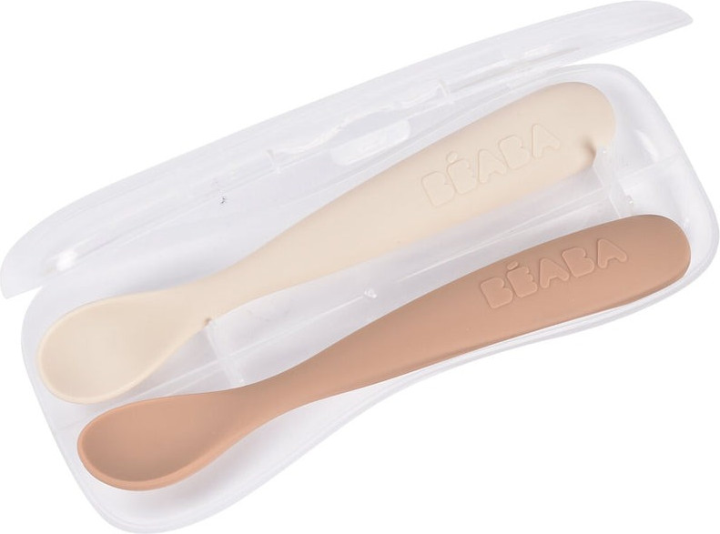 Набор столовых ложек для кормления Beaba Set Of 2 1st Age Silic Spoons + Box 913599 (бежевый/коричневый)