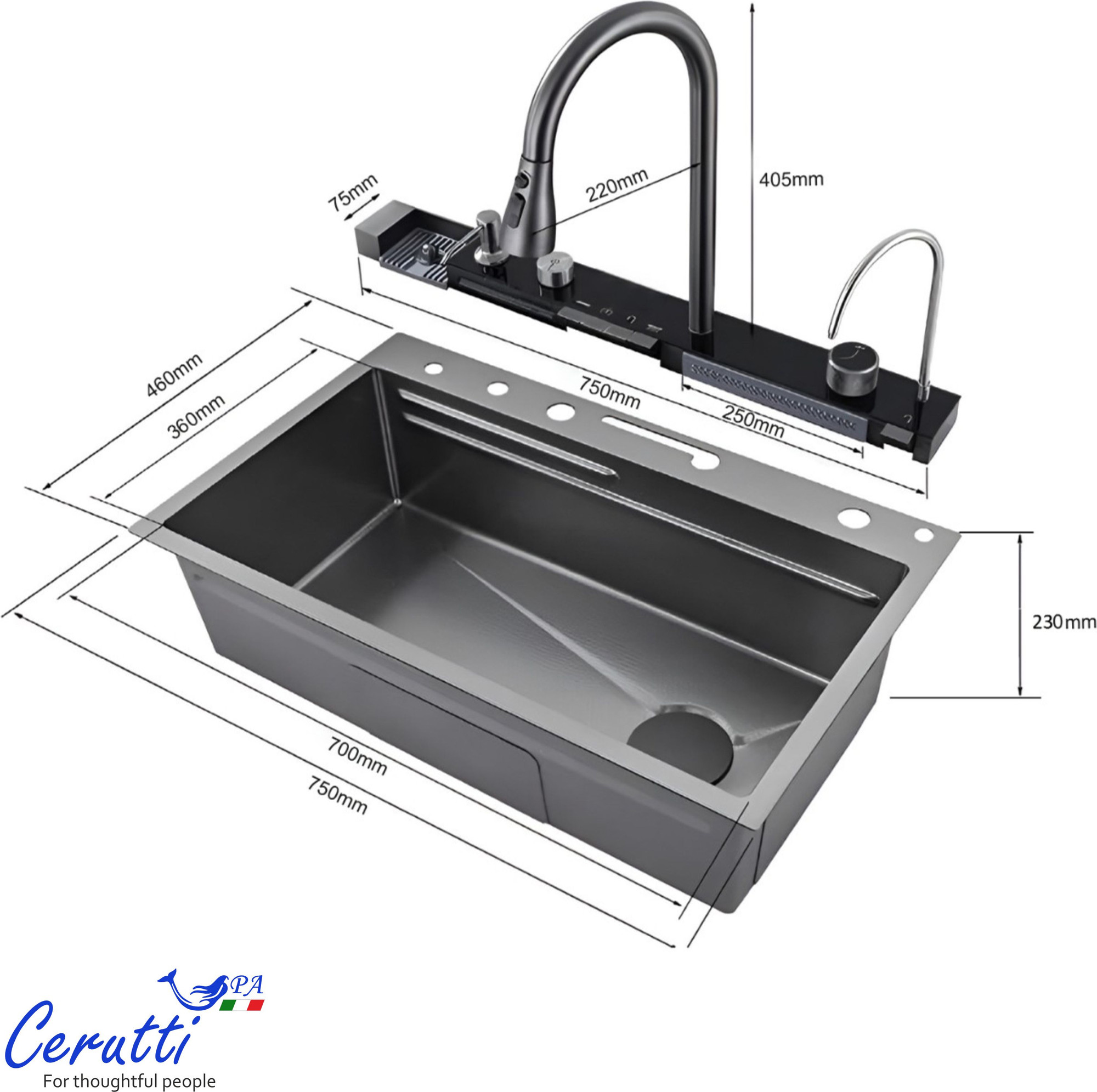Мойка кухонная со смесителем Cerutti Spa Gloria II nano black (серый) — фото 5