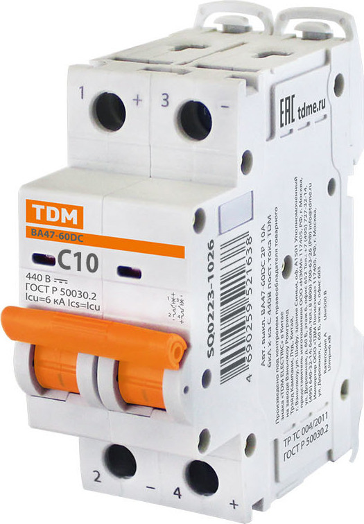 Выключатель автоматический TDM ВА47-60DC 2P 10А 6кА С / SQ0223-1026