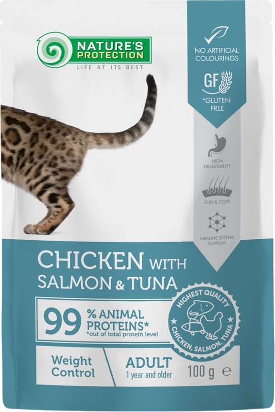 Влажный корм для кошек Nature's Protection Weight Control с кур, лос и тунцом / NPUPF63657 (22х100г) — фото 2