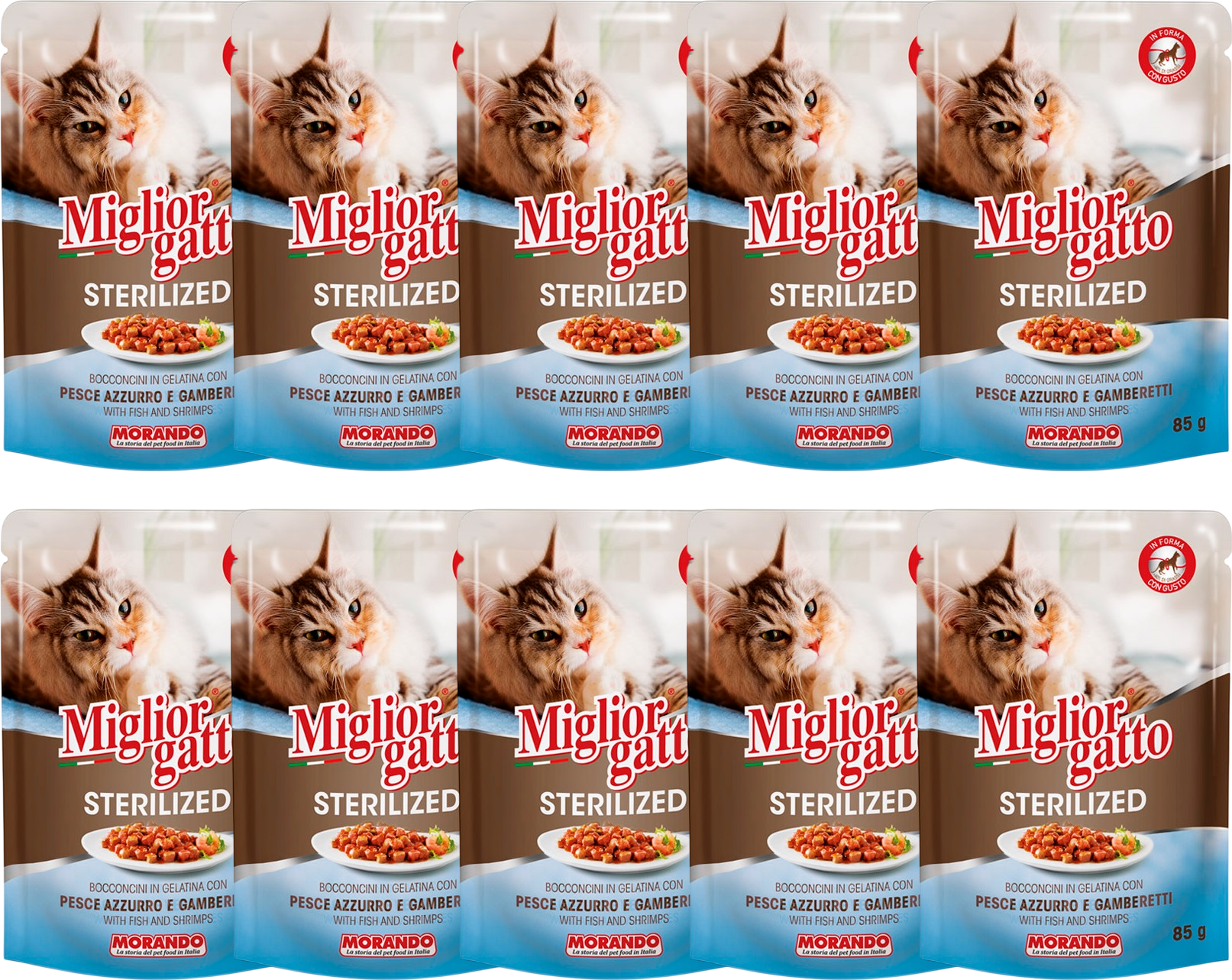 Влажный корм для кошек Miglior Sterilized Кусочки в желе рыба и креветки / M01470 (10х85г)