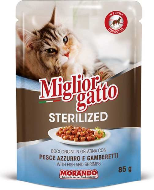 Влажный корм для кошек Miglior Sterilized Кусочки в желе рыба и креветки / M01470 (10х85г) — фото 2