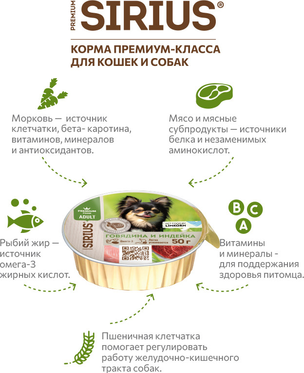 Влажный корм для собак Sirius Для взрослых малых и средних пород Говядина и индейка (50г) — фото 3