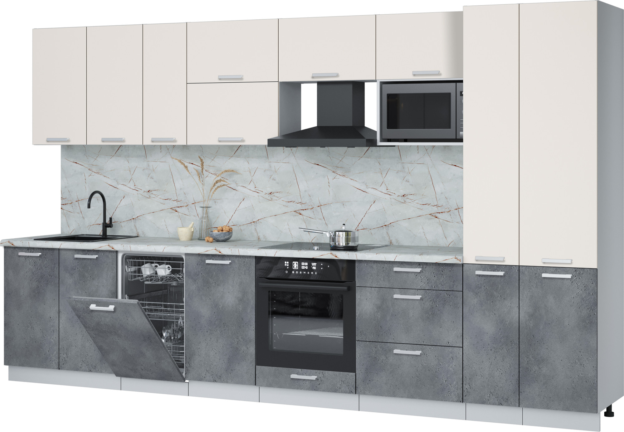 Кухонный гарнитур Interline Мила Лайт 3.6-ПМ4 (персидский жемчуг/бетон портленд/серый каспий)