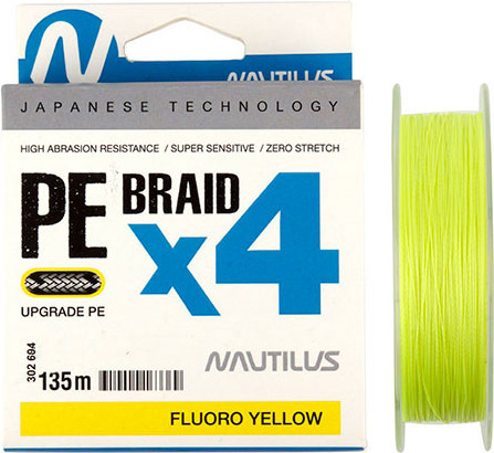 Леска плетеная NAUTILUS Braid X4 Fluoro Yellow d-0.08 4.5кг 0.6PE 135м / 06-42302690