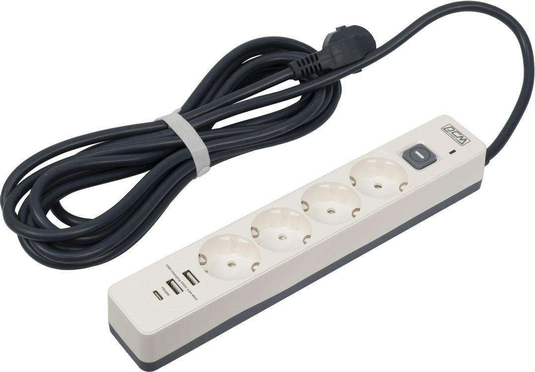 Сетевой фильтр Powercom SP-01 USB2A1CW 3.0М (3м, 4 розетки, белый/серый) — фото 4
