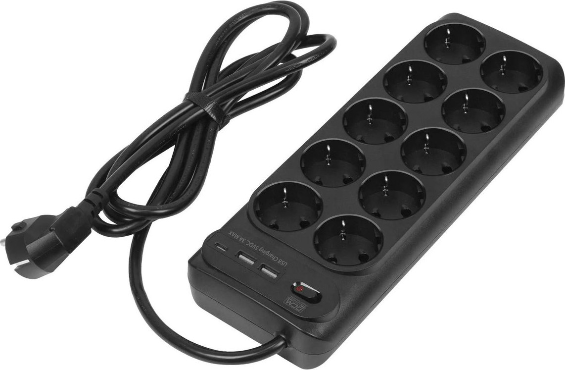 Сетевой фильтр Powercom SP-10 USB2A1СB 3.0М (3м, 10 розеток, черный) — фото 5