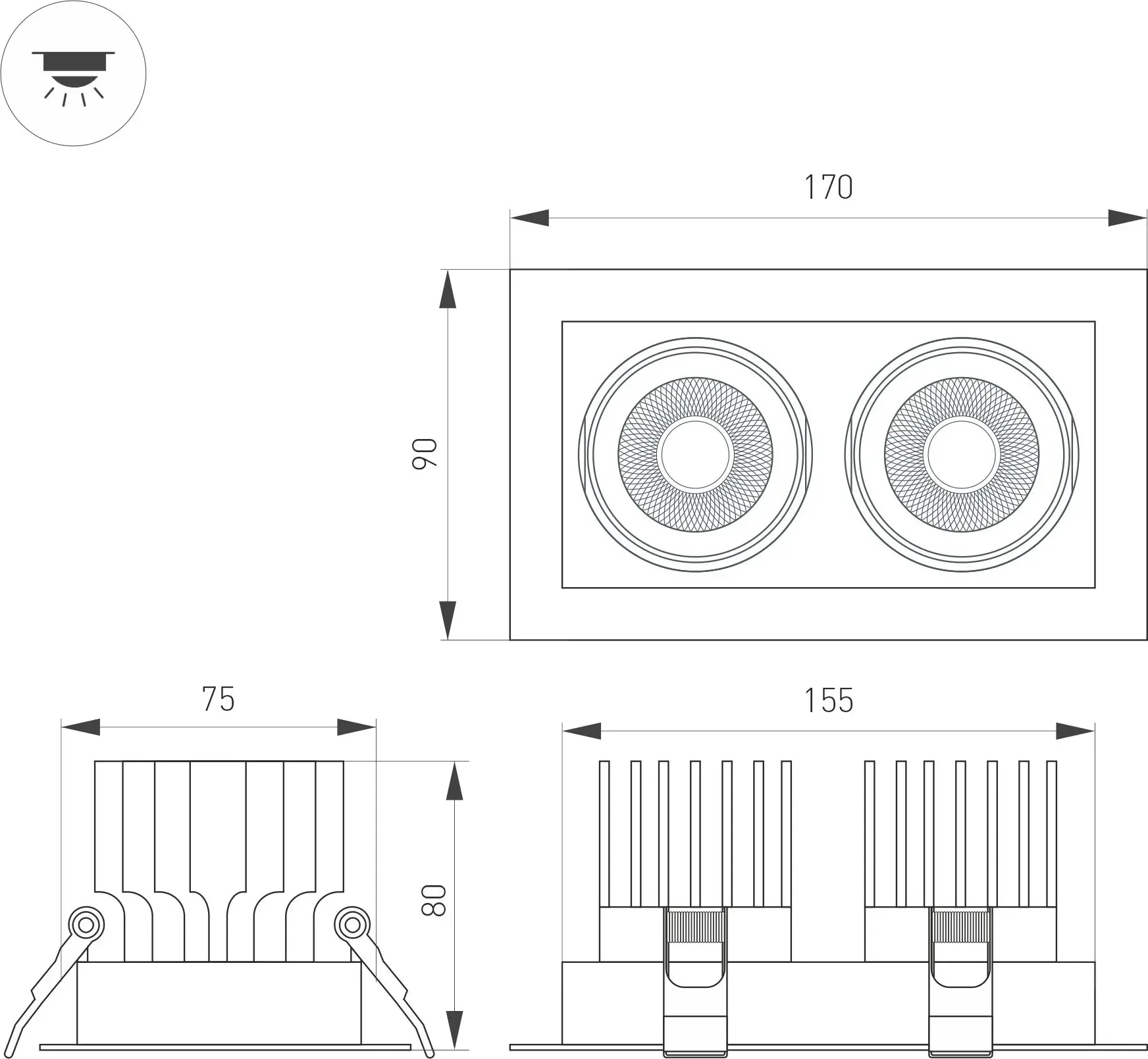 Точечный светильник Arlight MS-VORTEX-BUILT-S170x90-2x12W Warm3000 WH-WH 40 deg / 057761 — фото 4