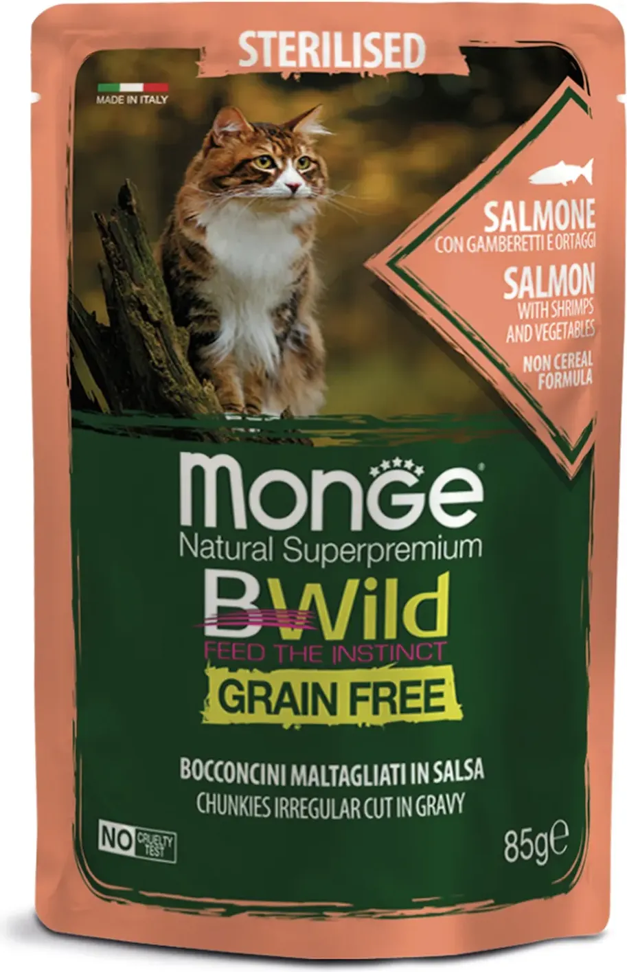 Влажный корм для кошек Monge BWild Grain Free из лосося с креветками и овощами (28х85г) — фото 2