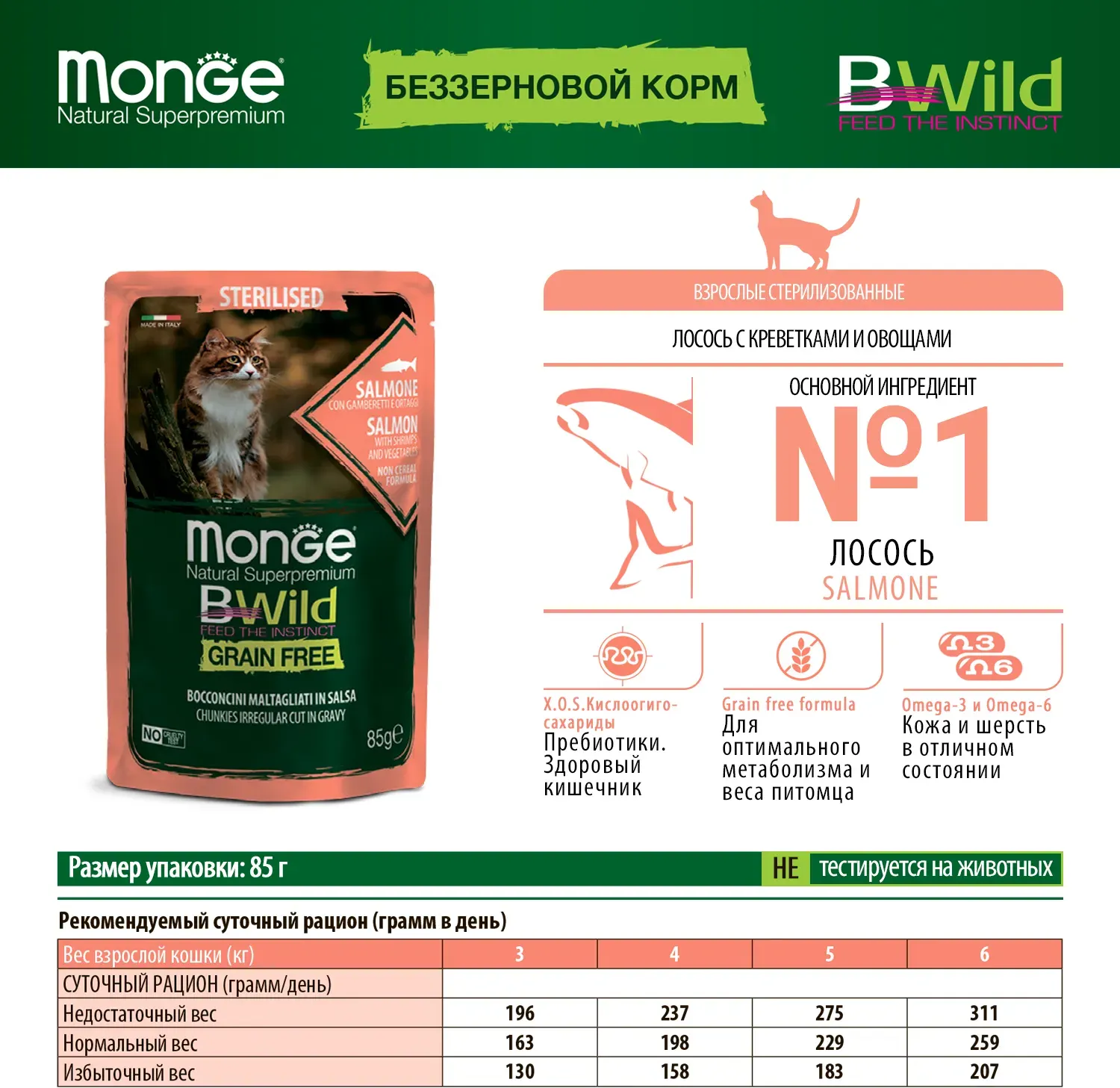 Влажный корм для кошек Monge BWild Grain Free из лосося с креветками и овощами (28х85г) — фото 5