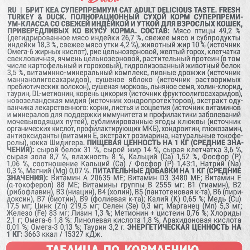 Сухой корм для кошек Брит Кеа Cat Adult Delicious Taste с индейкой и уткой / 1066958 (7кг) — фото 5
