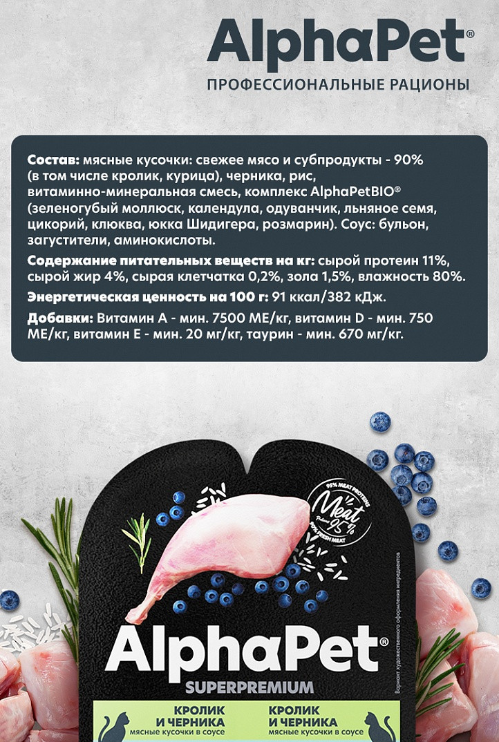 Влажный корм для кошек AlphaPet Чувств. пищеварение с кроликом и черникой в соусе (15x80г) — фото 6
